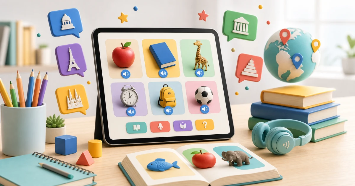 Tablette affichant des objets de vocabulaire 3D pour apprendre les langues