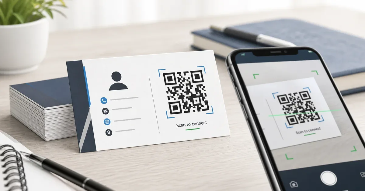 Une carte de visite moderne avec un QR code scanné par un téléphone