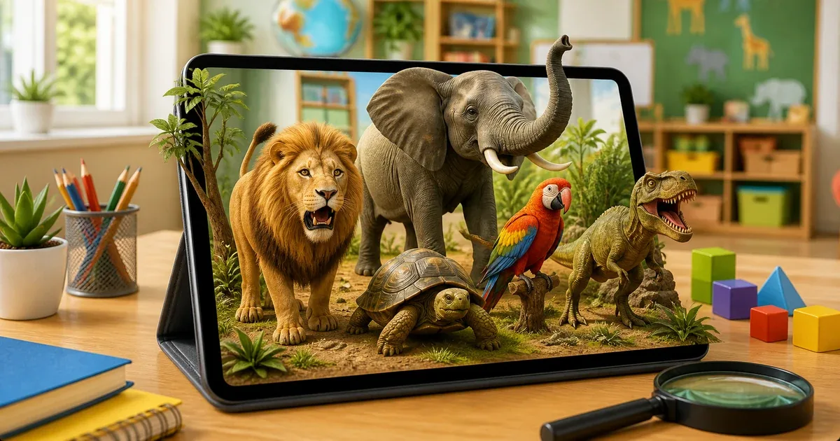 Tablette en classe montrant des animaux et un dinosaure en realite augmentee pour l'apprentissage interactif