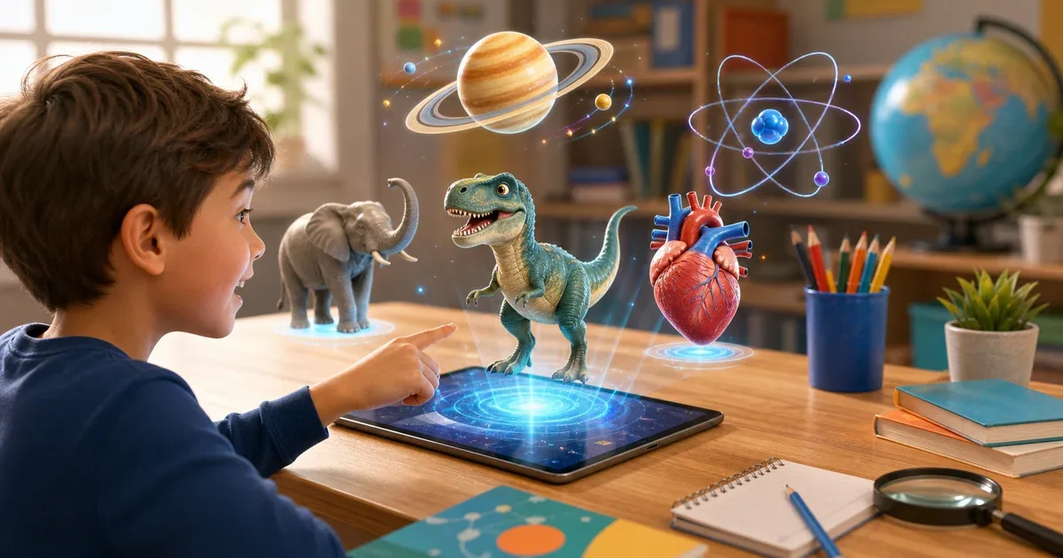 Kind nutzt Augmented-Reality-Lernapps mit 3D-Modellen fuer Wissenschaft und Tiere