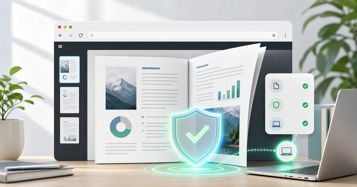مساحة عمل PDF آمنة داخل المتصفح مع صفحات مستند ودرع ومؤشرات خصوصية