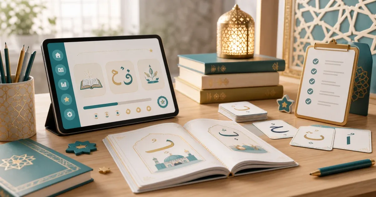 مكتب تعليمي هادئ مع جهاز لوحي ومواد قراءة عربية للأطفال لاختيار تطبيقات تعليم القرآن