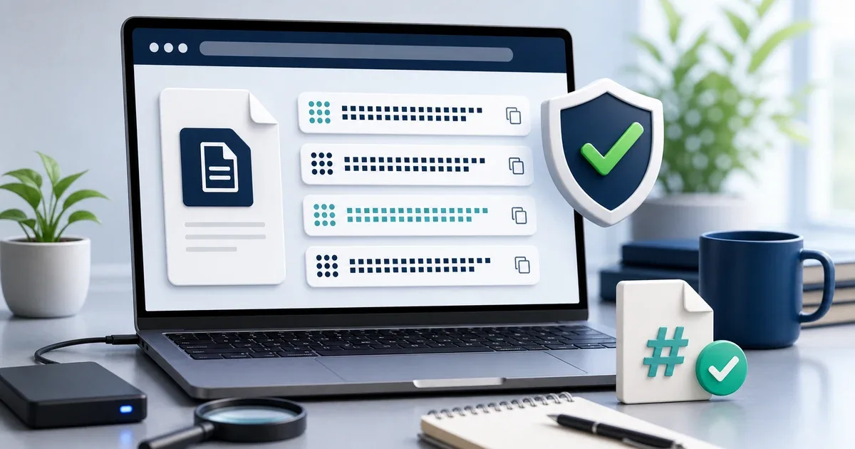 Datei-Checksum-Pruefung im Browser mit Hashwerten, Schutzschild und gruenem Haken