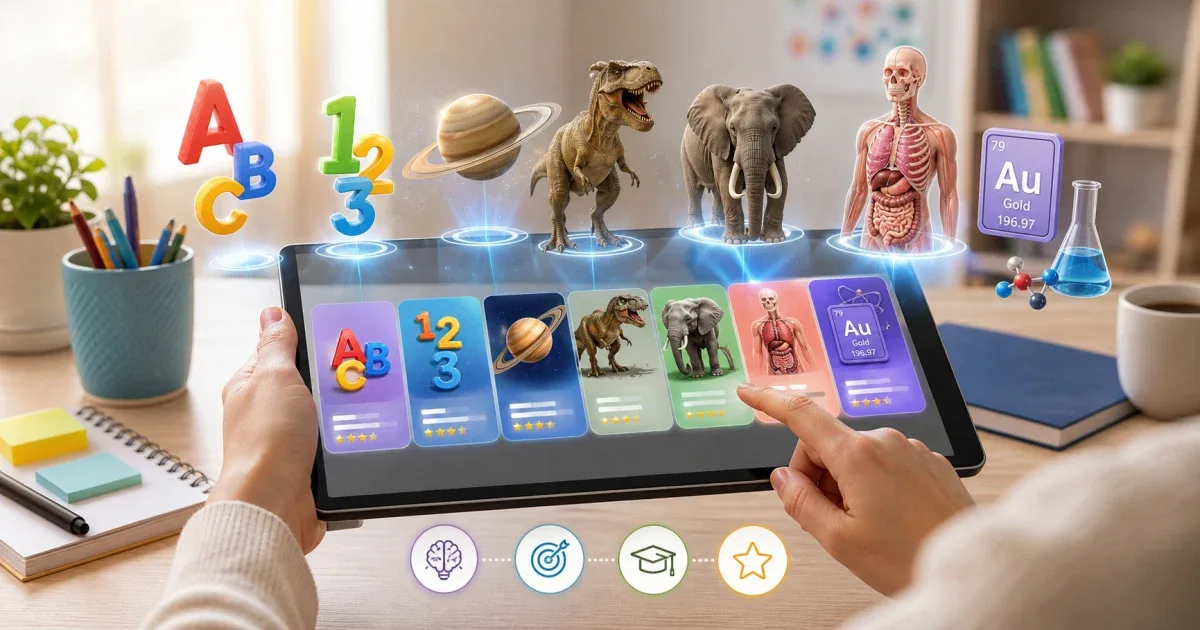 Tablet showing different augmented reality learning subjects including letters, planets, animals, anatomy, and chemistry