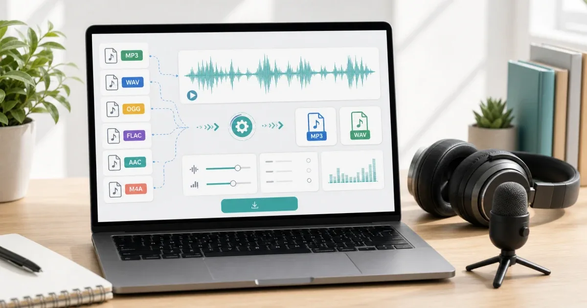 Interface de convertisseur audio dans le navigateur avec forme d'onde, formats, casque et micro