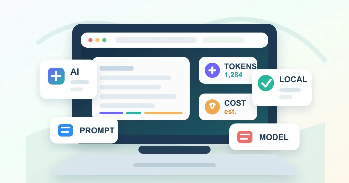 Browser AI token counter showing prompt text, token estimates, model cards, and cost planning