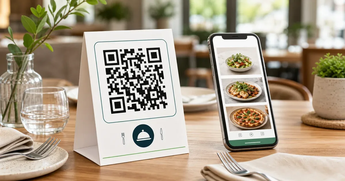 Ein Tischaufsteller im Restaurant mit einem QR-Code zu einer digitalen Speisekarte