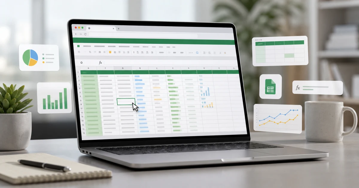 Laptop showing an online spreadsheet editor with charts and table cells