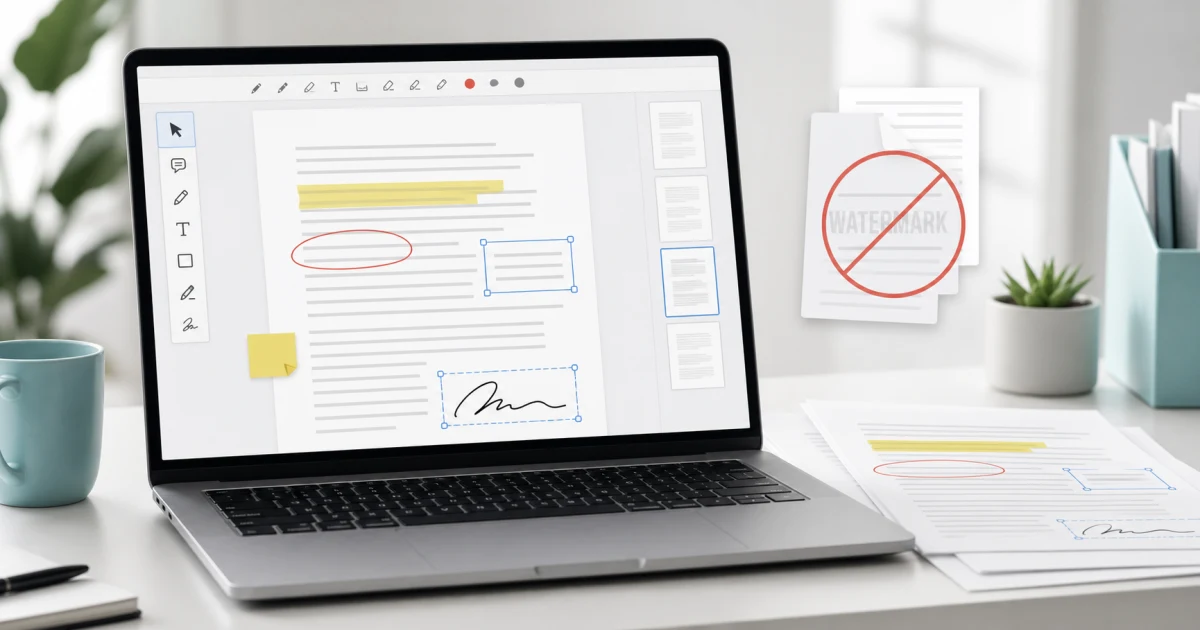 Browser PDF editor showing annotations and a no-watermark document workflow