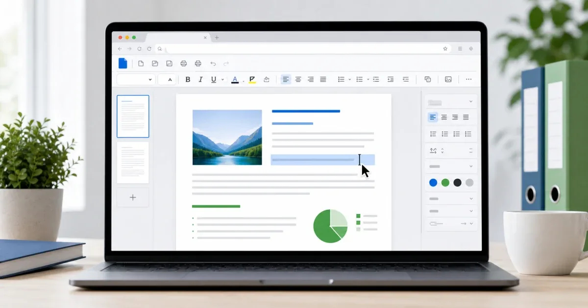 Browser-based DOCX editor interface shown on a laptop with document formatting controls