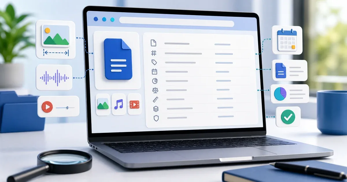 Browser file metadata viewer showing file size, type, date, media details, and a privacy check mark