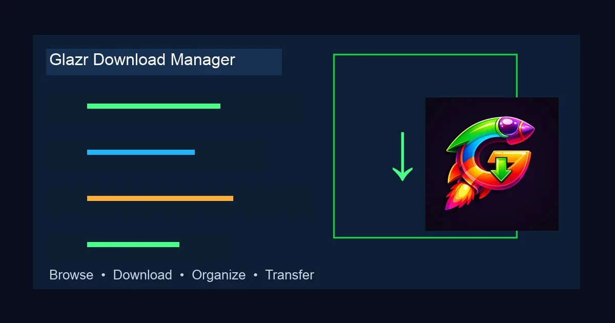 Glazr Download Manager app icon beside download progress rows and a transfer panel