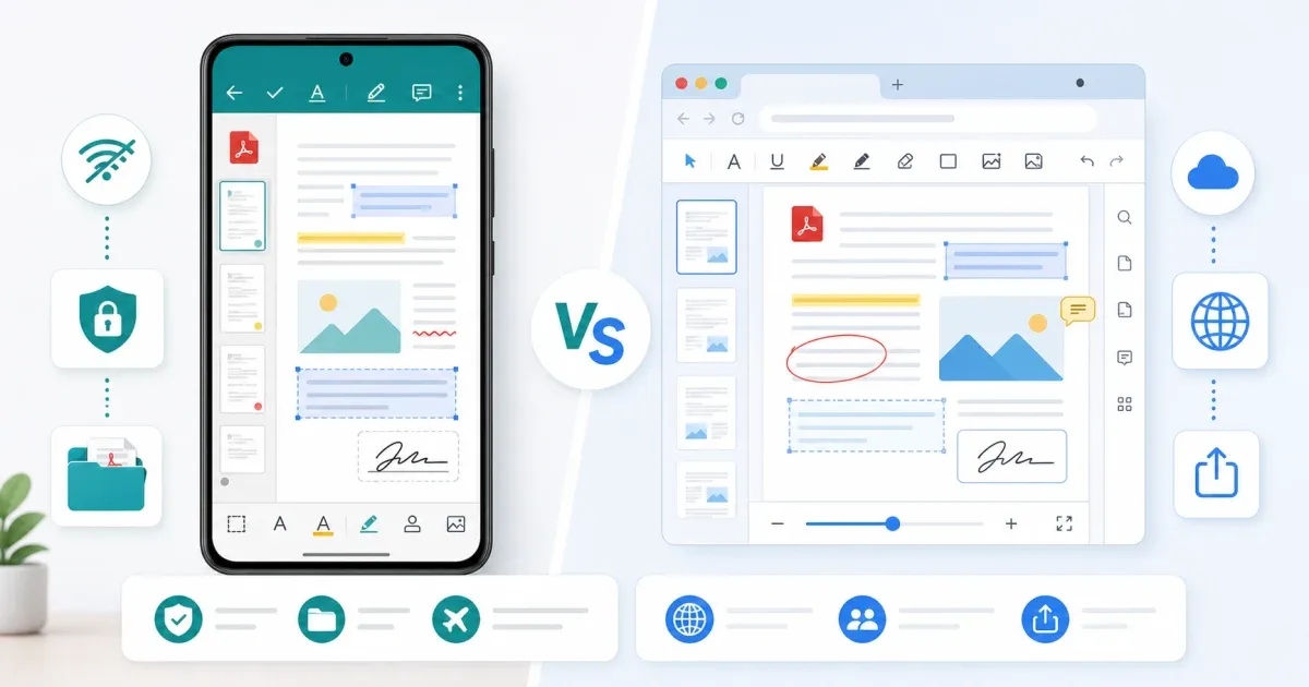 Comparison workspace with mobile PDF editor and browser PDF tools for annotations and document edits