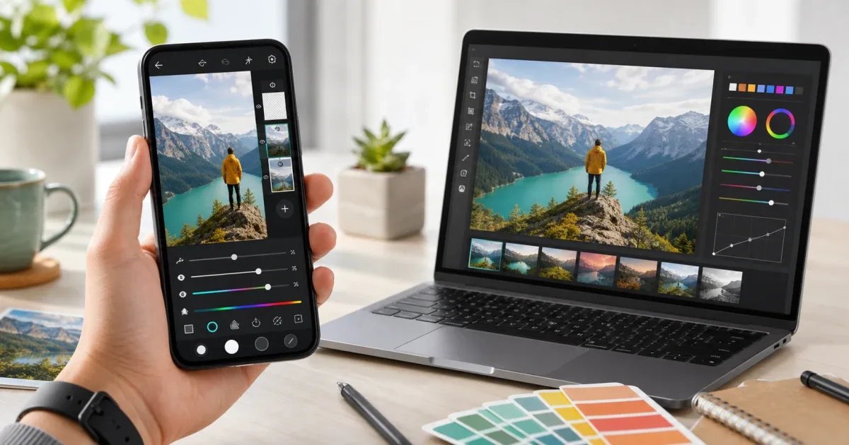 Phone photo editor and browser image editor shown side by side for workflow comparison
