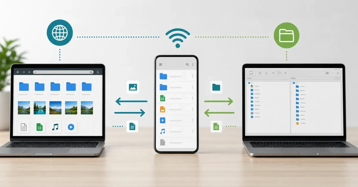 هاتف وكمبيوتر محمول يقارنان نقل الملفات عبر HTTP وFTP على Wi-Fi محلي