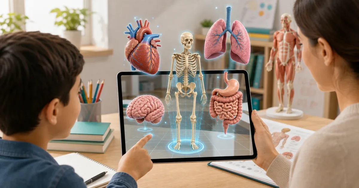 Student and parent viewing human anatomy organs in augmented reality on a tablet