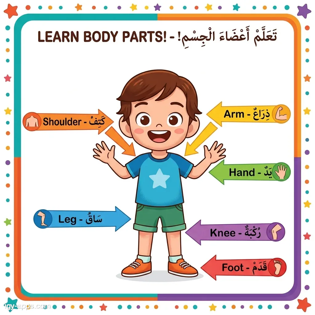 كارت أجزاء الجسم — الذراع واليد والساق والركبة والقدم