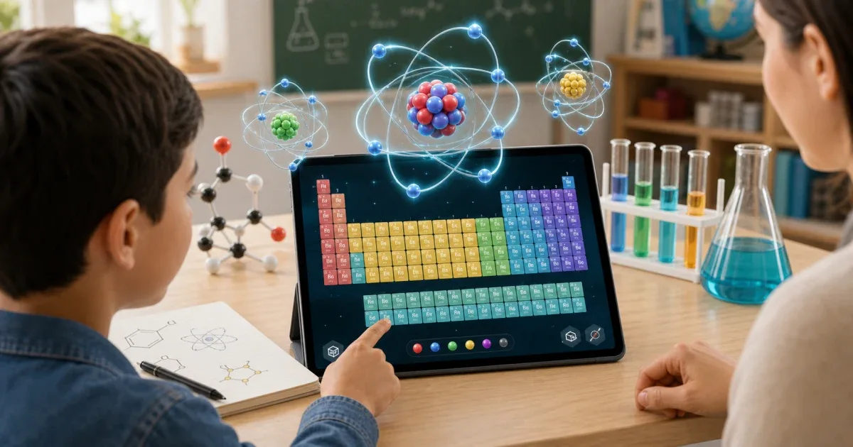 Student exploring a colorful periodic table with 3D atom models on a tablet