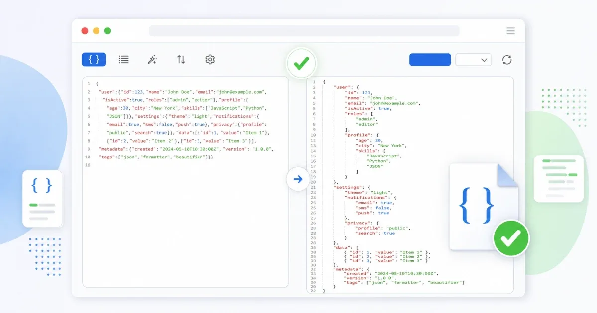 Browser JSON formatter interface with structured code, indentation, and validation controls