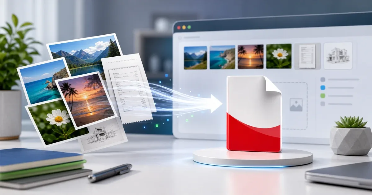 Photo prints and scanned receipts being combined into one PDF document in a browser tool