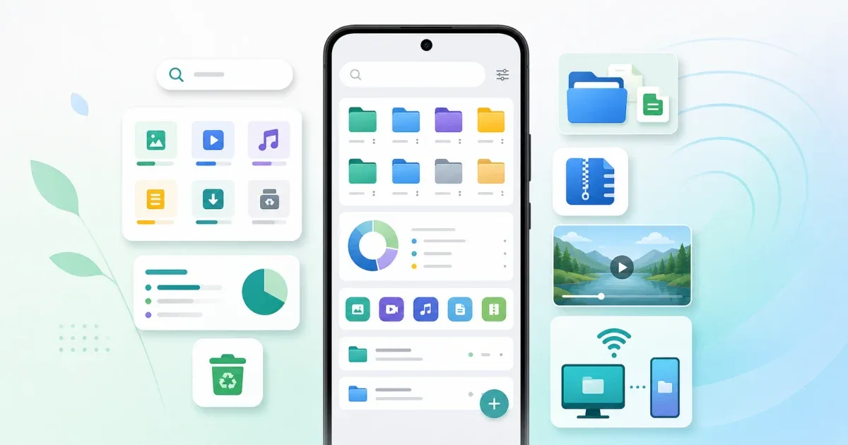 واجهة مدير ملفات أندرويد تعرض مجلدات وتنظيف التخزين وأدوات الأرشيف ونقل Wi-Fi