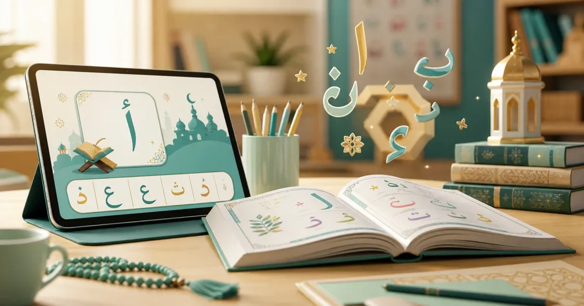 Warm educational scene with an Arabic learning book and tablet for Quran reading practice