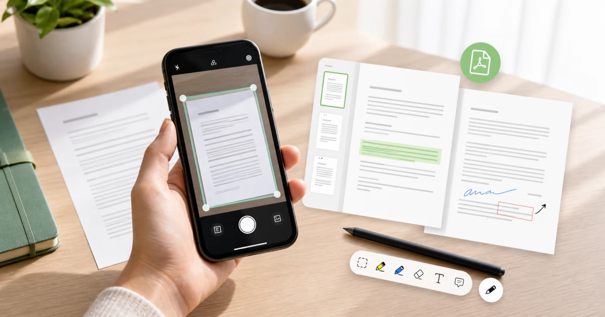 Smartphone scannt ein Papierdokument als PDF mit OCR und Anmerkungen