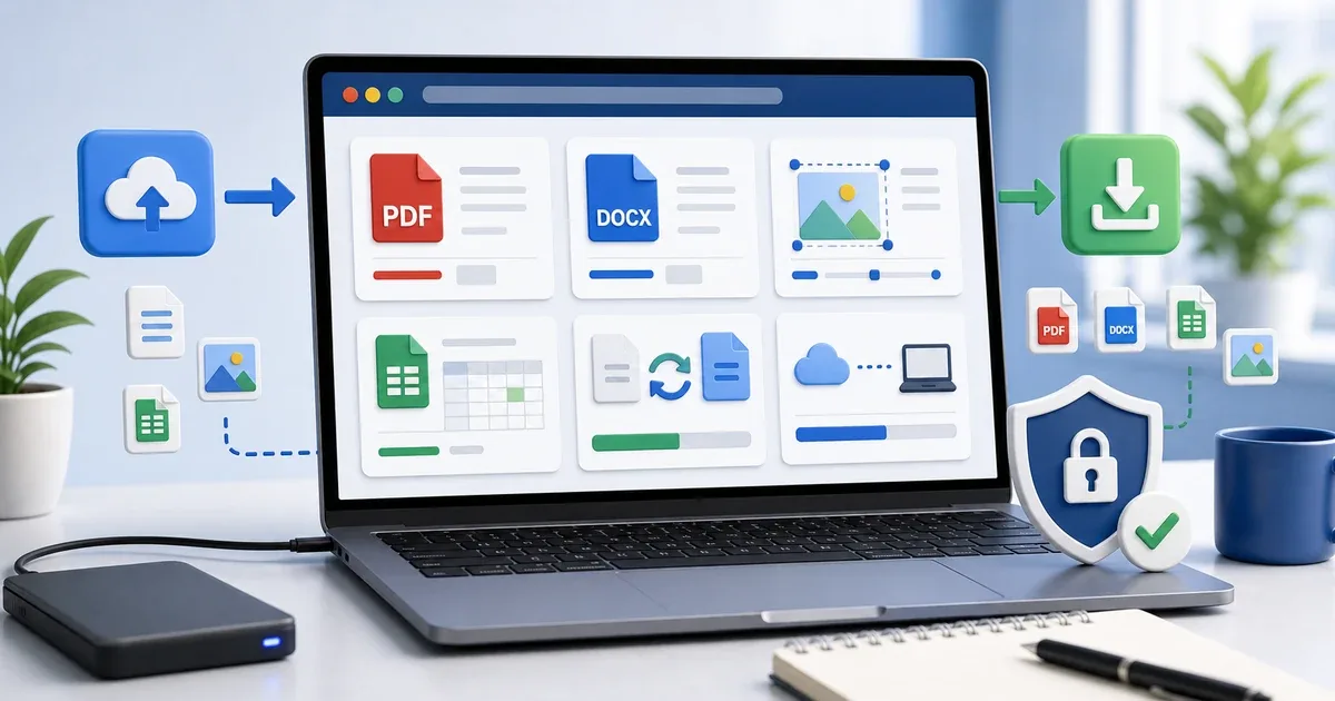 Browser-Arbeitsbereich mit schnellen Tools fuer PDF, DOCX, Bilder, Tabellen, Upload, Download und Datenschutz
