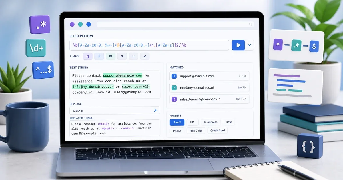 واجهة اختبار Regex تعرض النتائج المظللة والـ flags ومجموعات الالتقاط ومعاينة الاستبدال