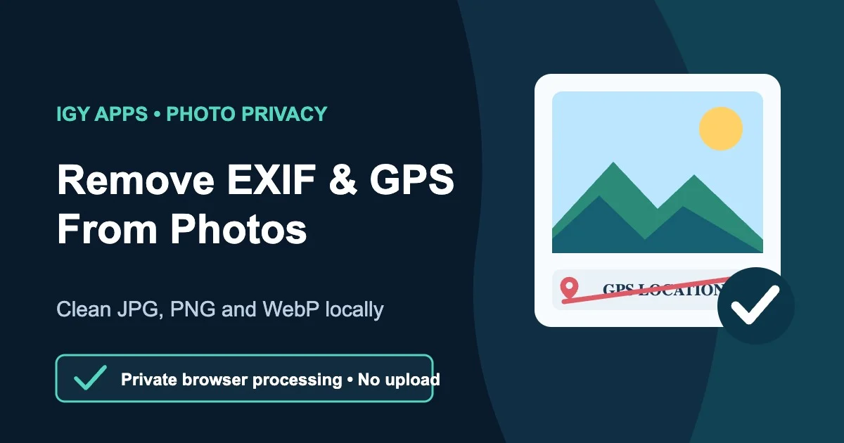 Photo privacy illustration showing EXIF and GPS location data being removed in the browser