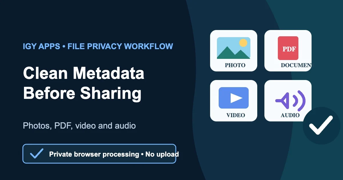 Private browser workflow for removing metadata from photos, PDF, video, and audio before sharing