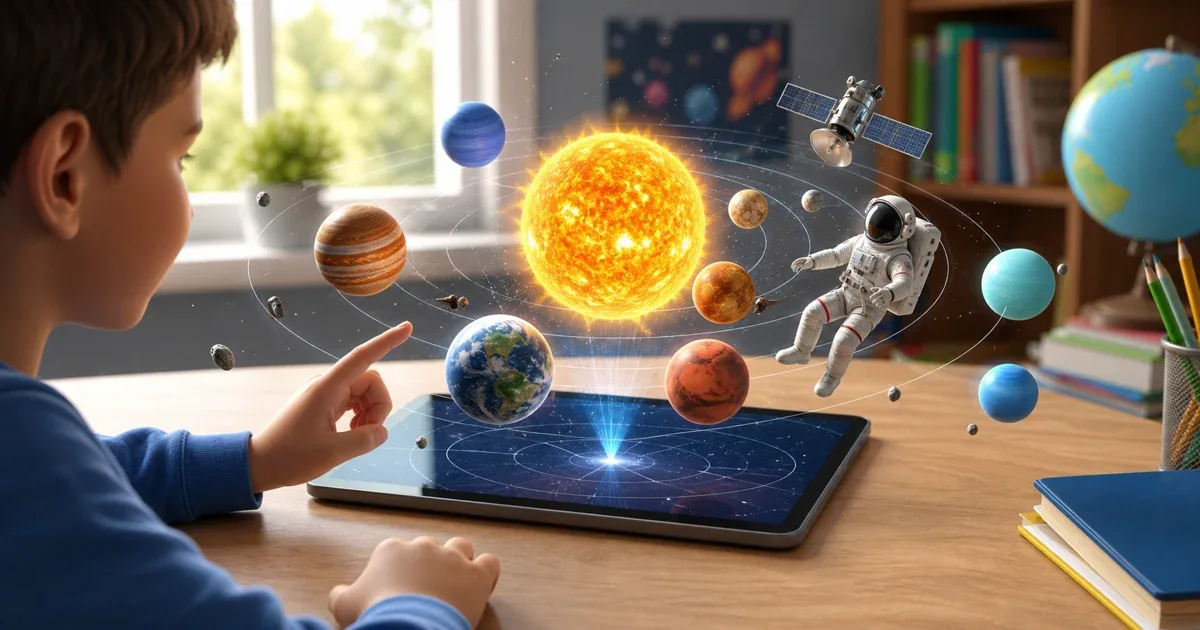 Kind erkundet Planeten und Weltraumobjekte in Augmented Reality auf einem Tablet