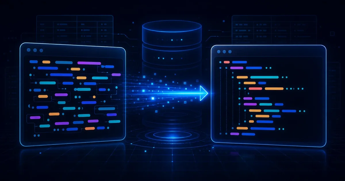 واجهة منسق SQL تحول استعلاماً غير مرتب إلى كود SQL منظم مع عناصر قاعدة بيانات