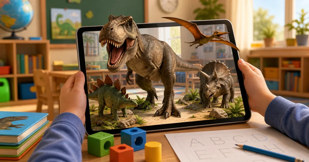 Enfant tenant une tablette avec T-Rex et autres dinosaures en realite augmentee dans une classe