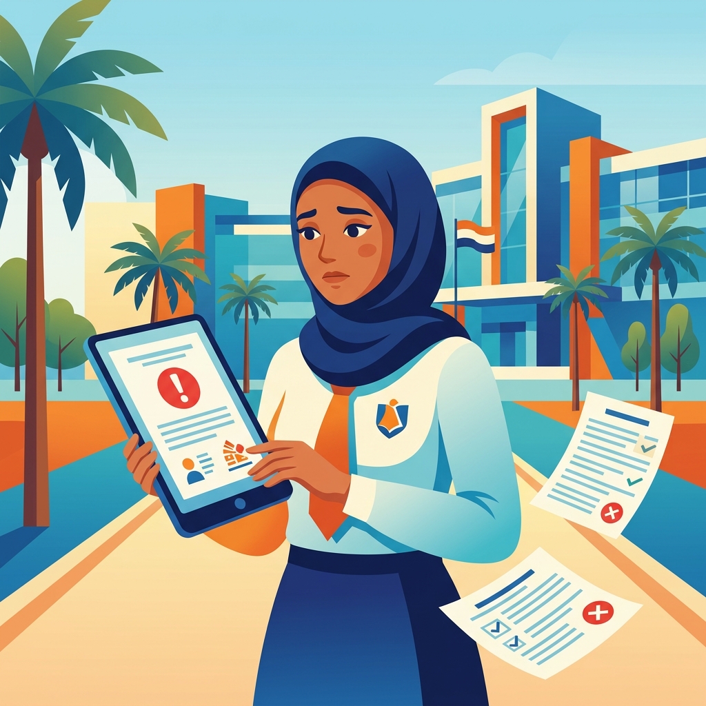 طالبة تحمل تابلت أمام مبنى مدرسة