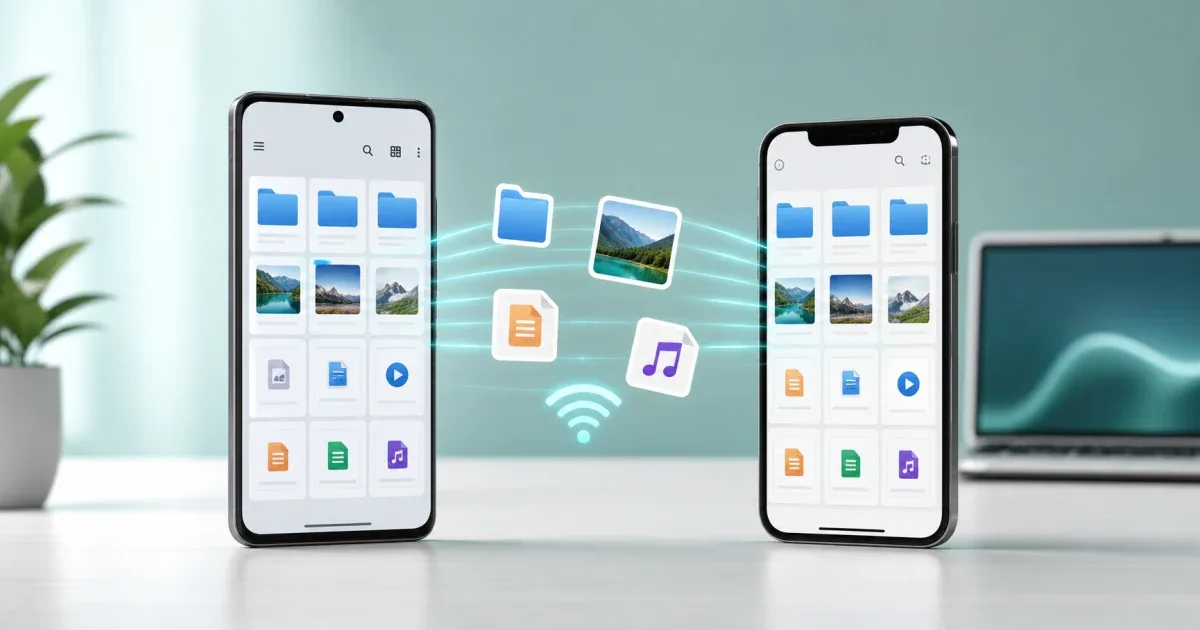 Telephone Android et iPhone partageant des fichiers par Wi-Fi local sans cable