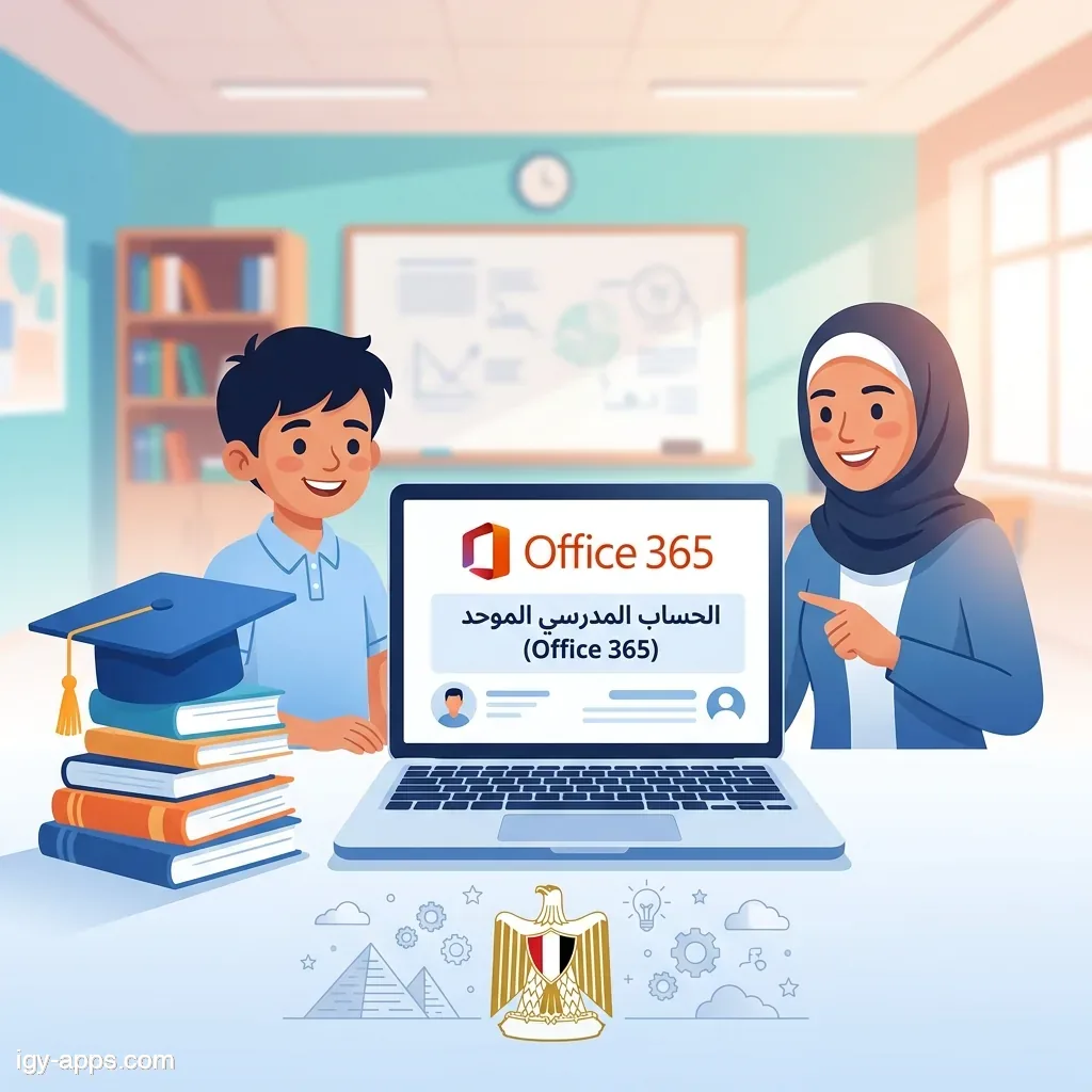 دليل الحساب المدرسي الموحد Office 365 للطلاب والمعلمين في مصر — طالب ومعلمة أمام لابتوب يعرض منصة الحساب الموحد