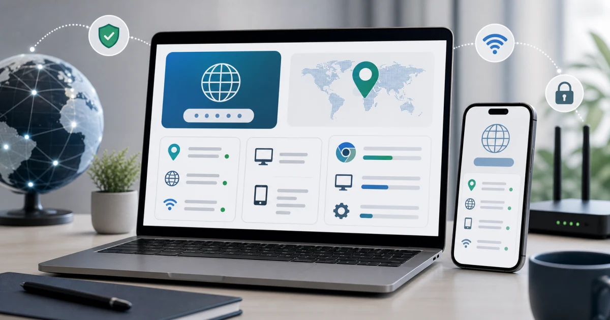 Laptop and phone showing an IP address and device information dashboard