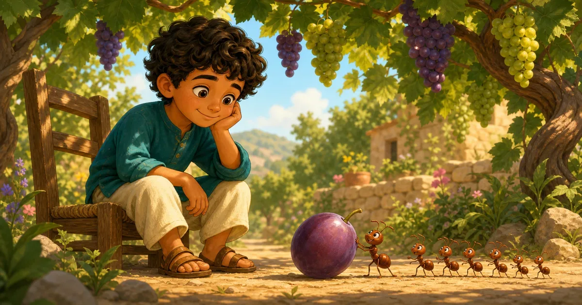 Adam est assis sous une vigne et regarde une petite fourmi appelee Nima pres d'un gros grain de raisin