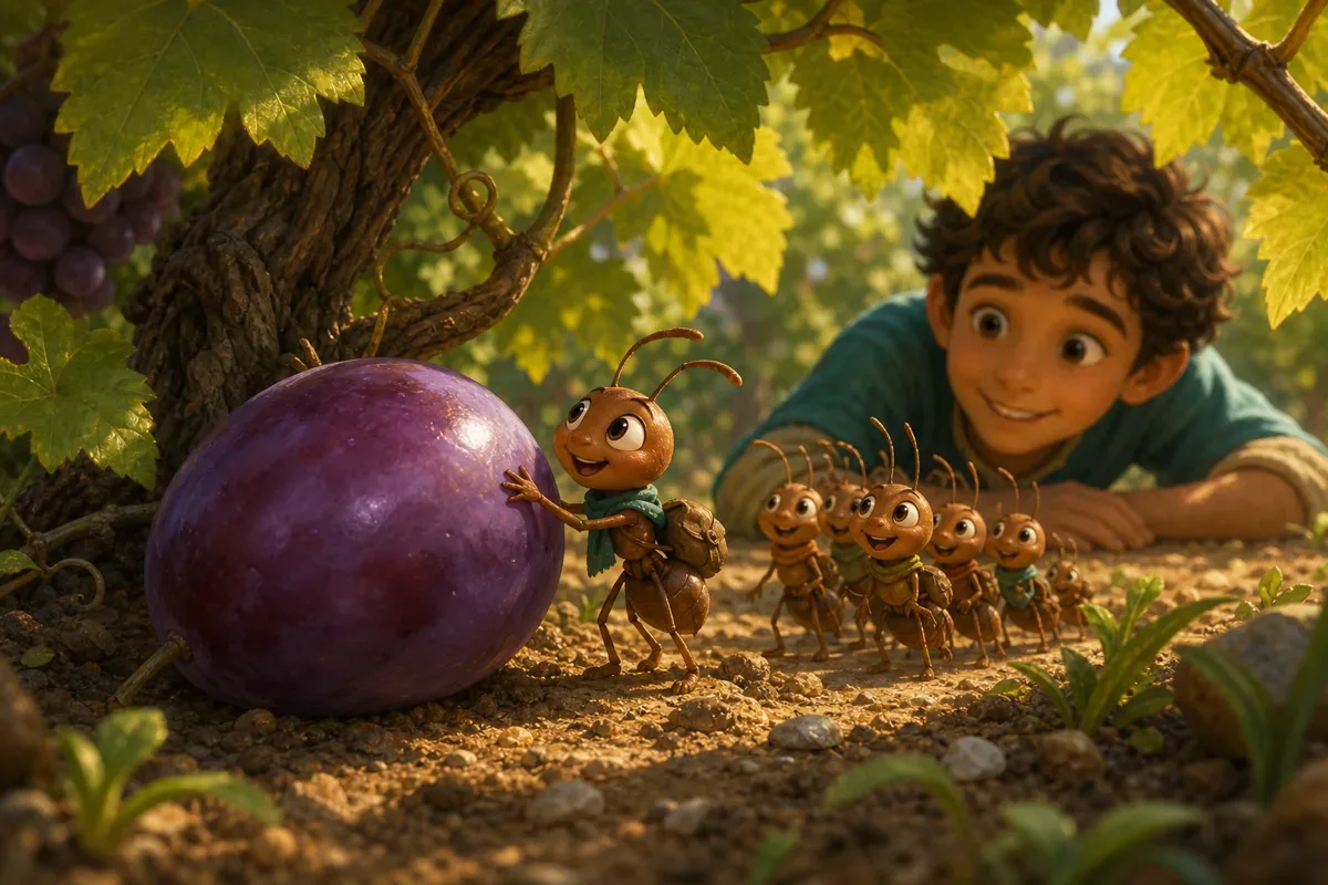 Nima la petite fourmi se tient pres d'un gros grain de raisin sous une vigne pendant qu'Adam regarde de loin
