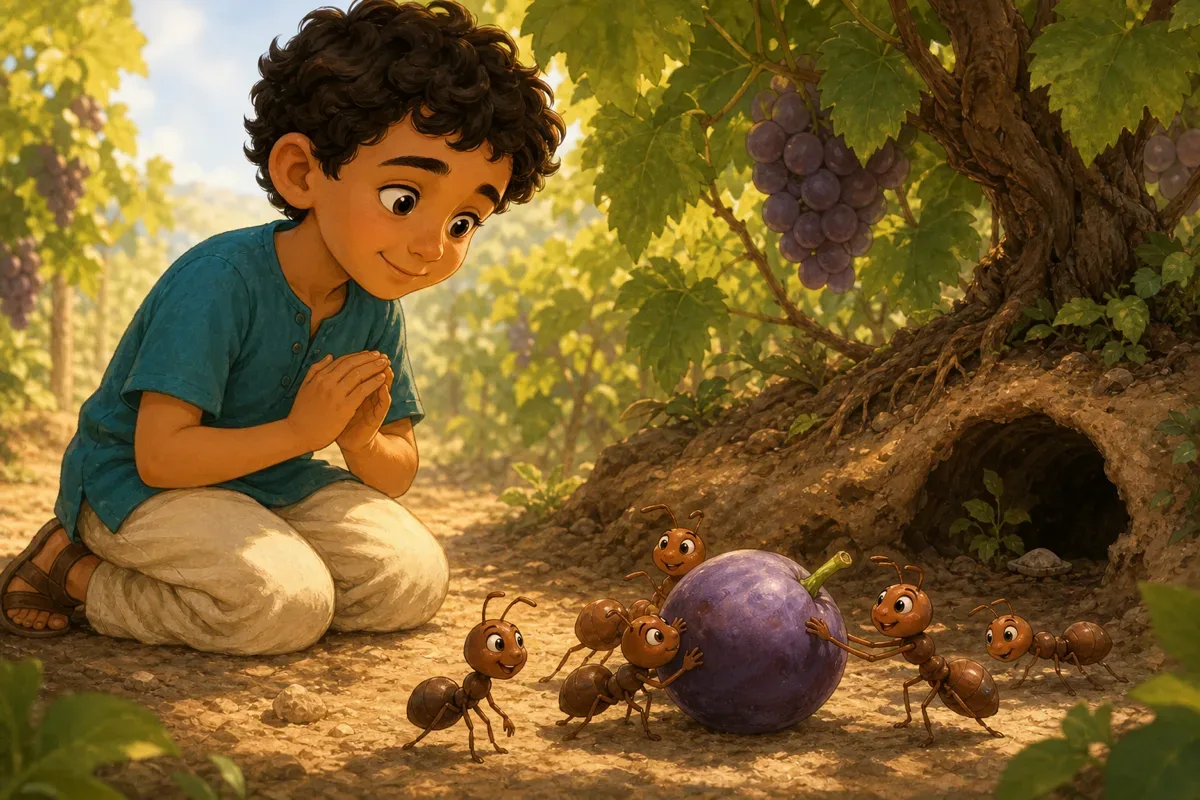 Adam se penche pour s'excuser pendant que Nima et les autres fourmis deplacent le grain de raisin ensemble