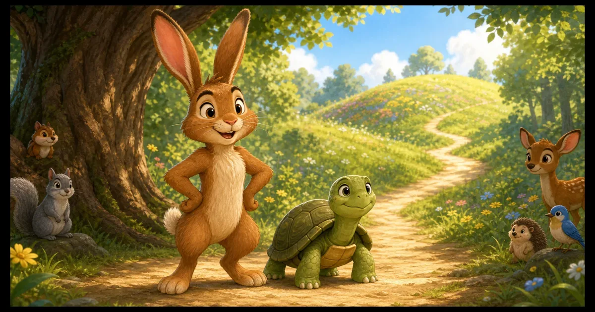 Un lievre rapide attend avec assurance pres du depart tandis qu'une tortue calme avance avec patience dans une course en foret