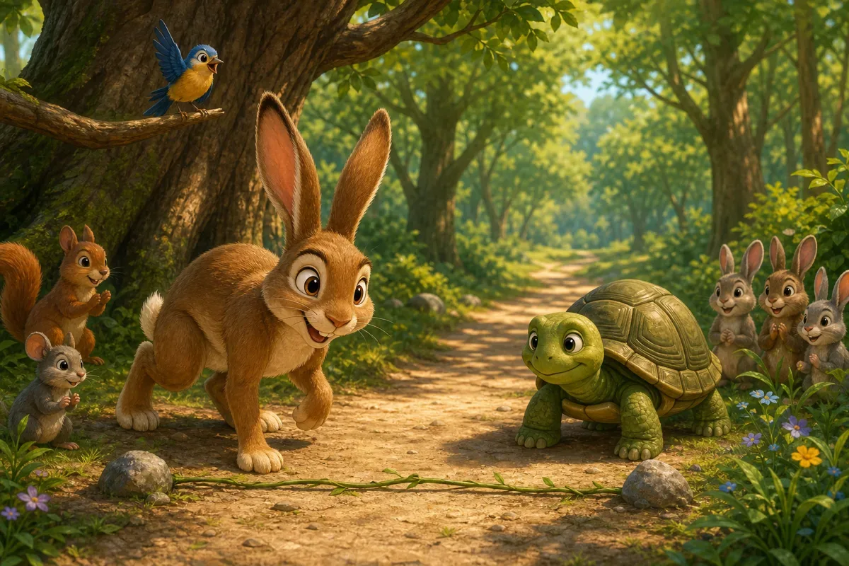 Le lievre rapide et la tortue calme se tiennent au depart d'un chemin de foret ensoleille pendant que de petits animaux regardent la course