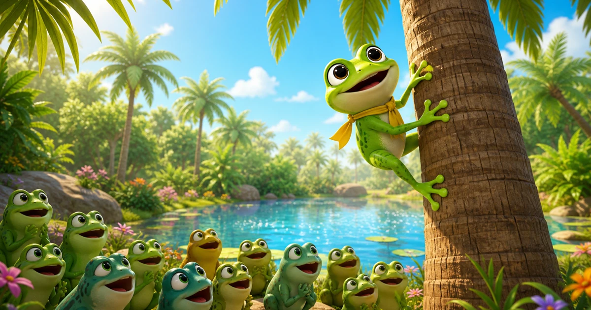 Ein kleiner Frosch klettert auf eine hohe Palme, waehrend viele Froesche zusehen
