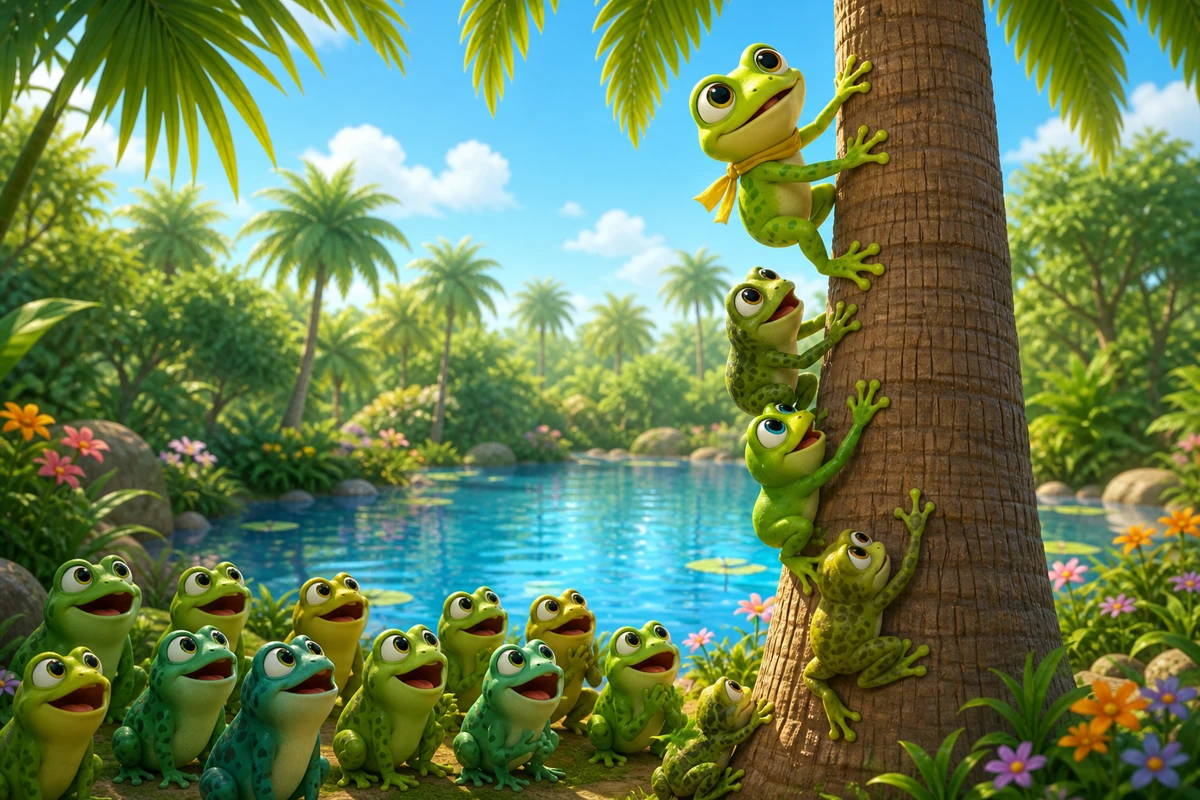 Small frogs begin climbing a tall palm tree near a pond in the forest
