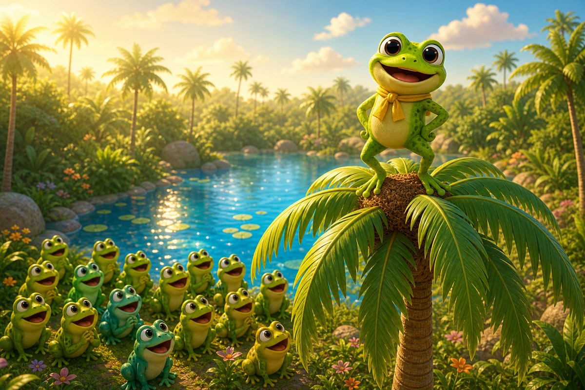 A happy little frog reaches the top of a tall palm tree while other frogs look on with admiration
