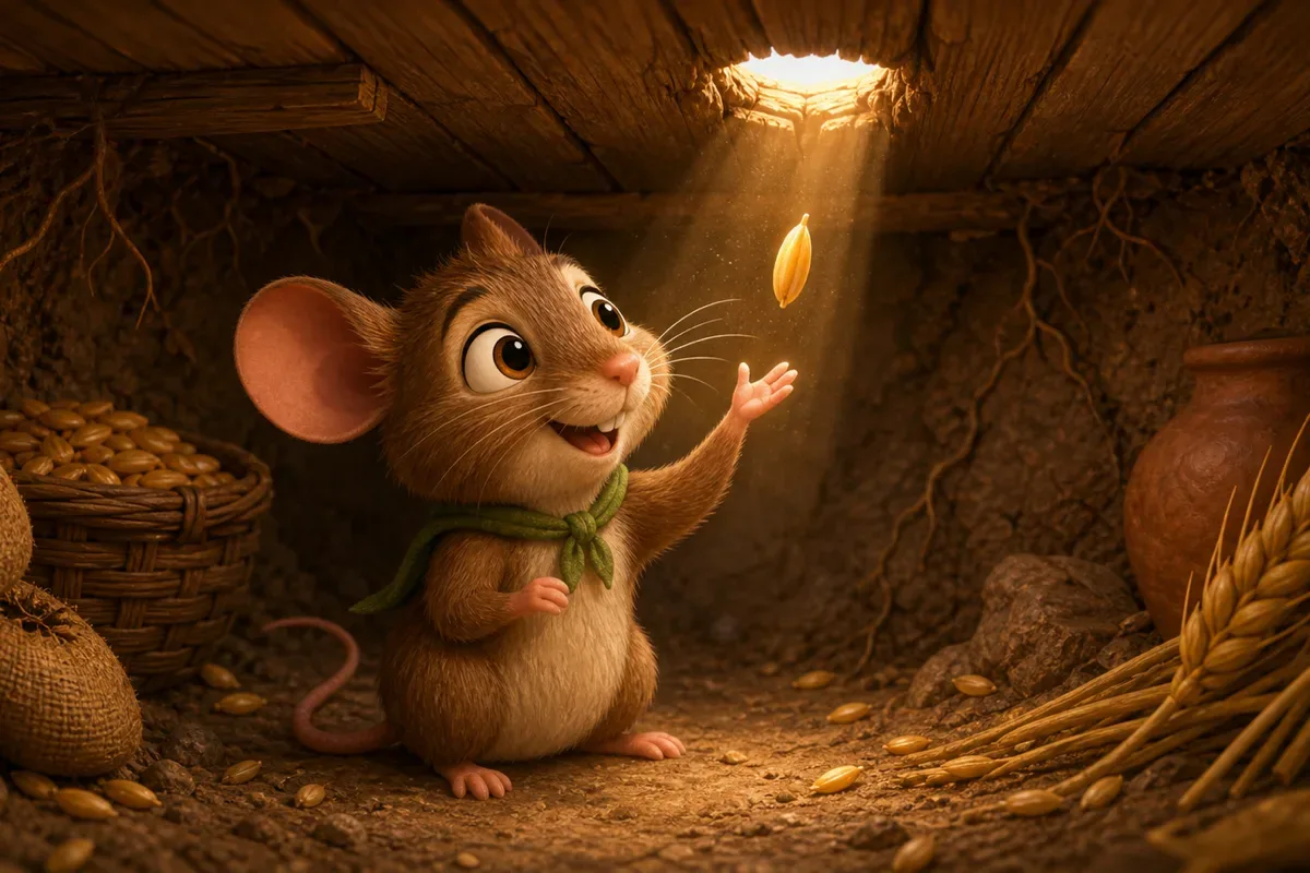 Eine frohe kleine Maus findet ein Weizenkorn, das durch ein winziges Loch im Boden eines Vorratsraums faellt
