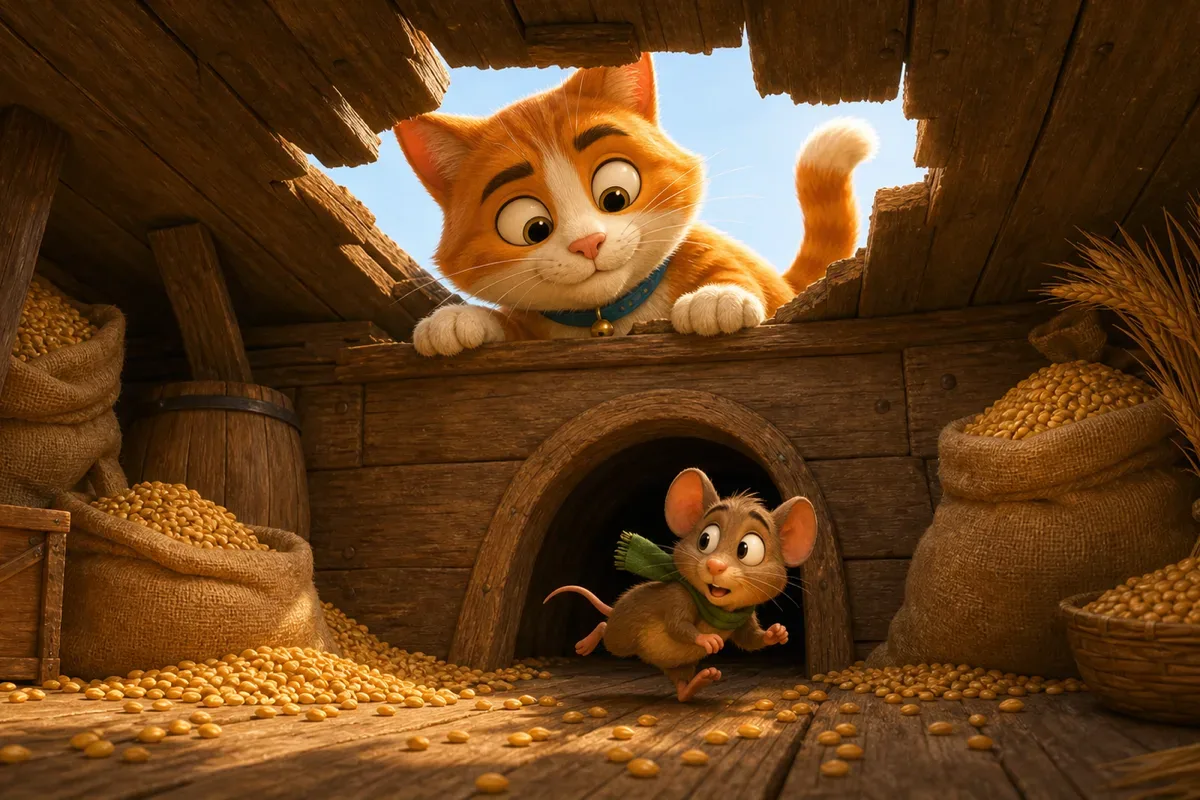 Eine bestimmte, aber freundliche Katze schaut durch ein grosses Loch im Vorratsraum, waehrend die Maus in ihren Tunnel laeuft