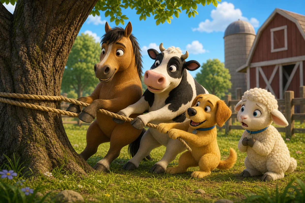 A horse, a cow, and a dog try to help a lamb whose rope is stuck around a tree on a farm