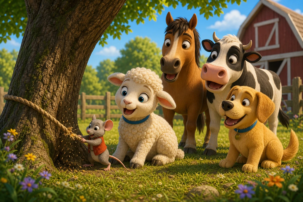 A tiny mouse chews the rope while the lamb and the other animals watch with surprise and joy